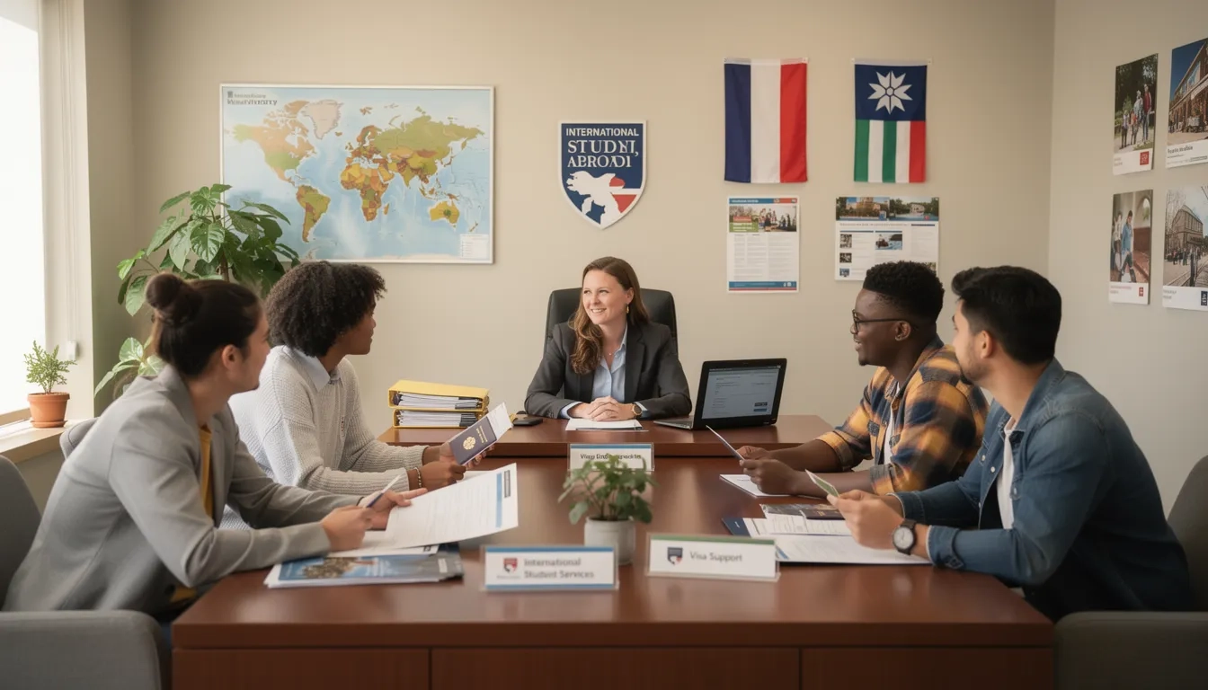 International student services office with advisor helping students