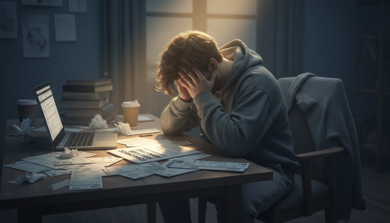 College student reviewing emergency grant paperwork at a cluttered desk