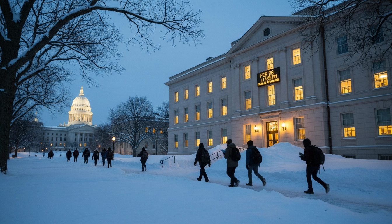 Bascom Hall at UW-Madison in winter, representing the Wisconsin FAFSA priority deadline season