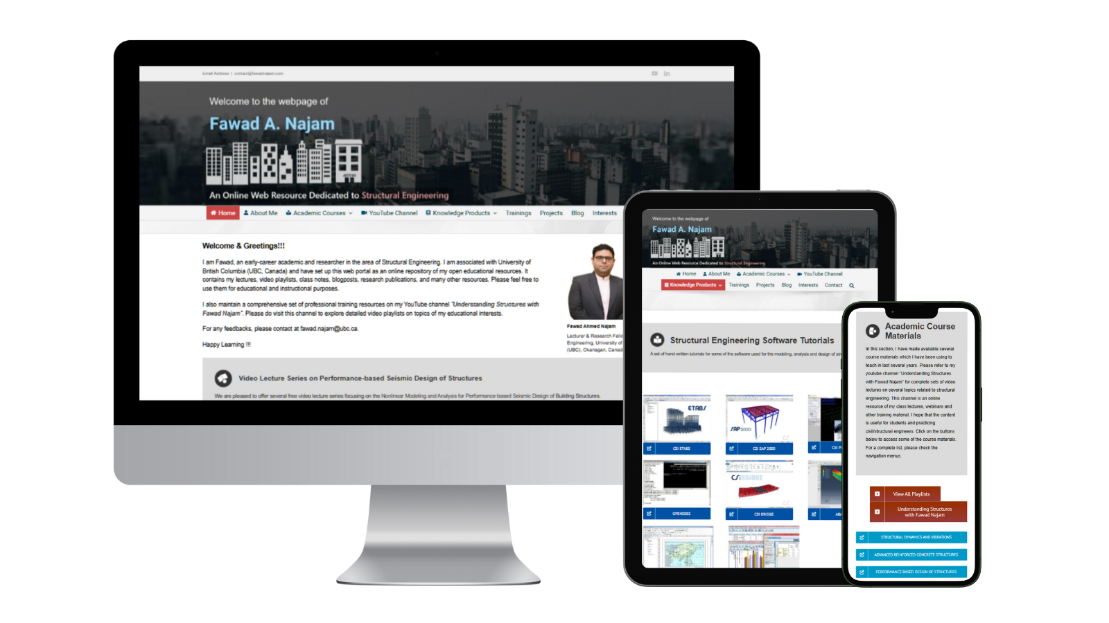 Fawad Ahmed Najam Website on desktop (homepage), tablet (Tutorials page), and mobile (academic courses page) screens