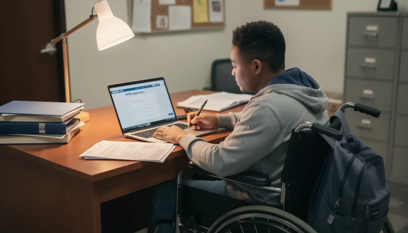 Student with disability reviewing FAFSA financial aid documents