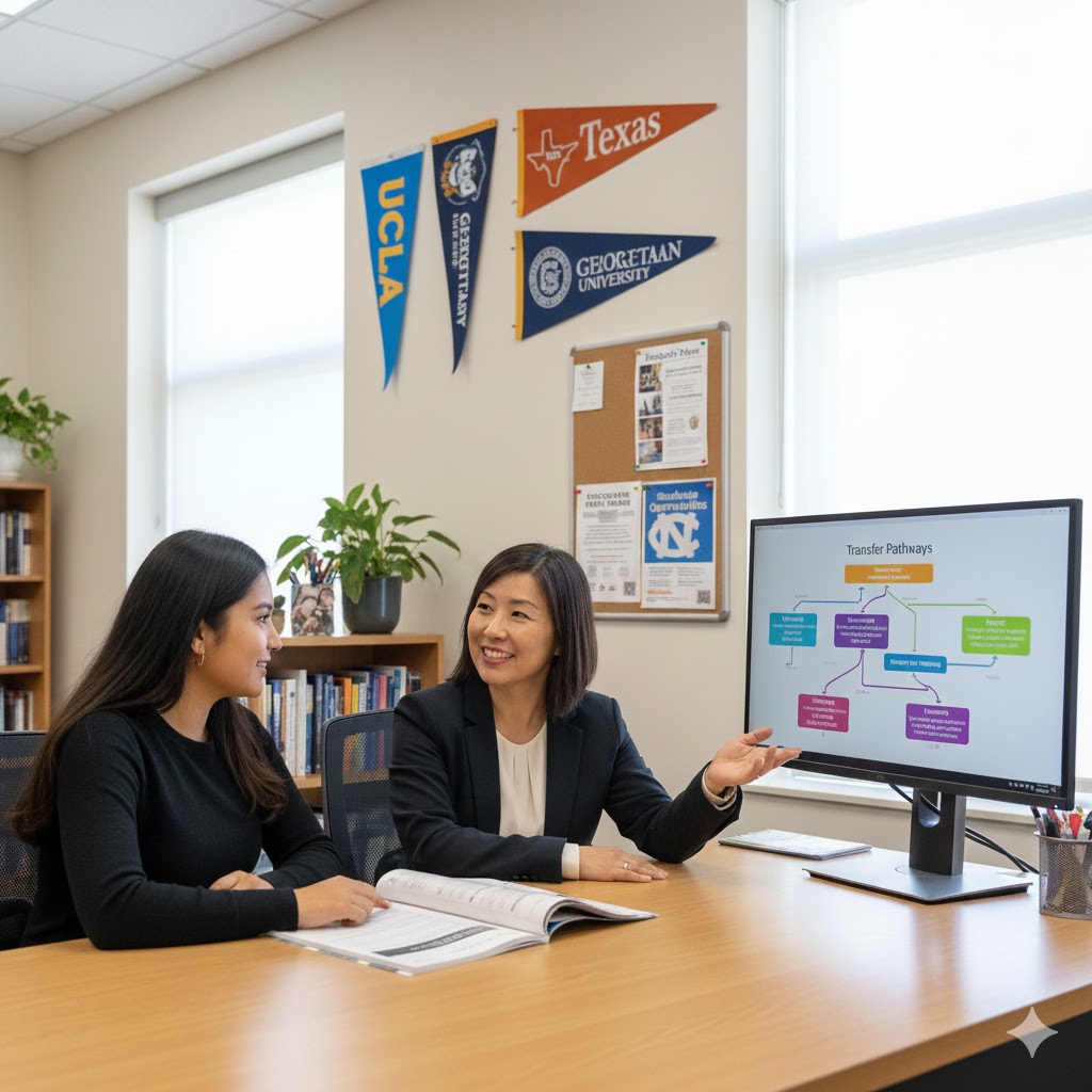 community college student meeting with advisor in the transfer office