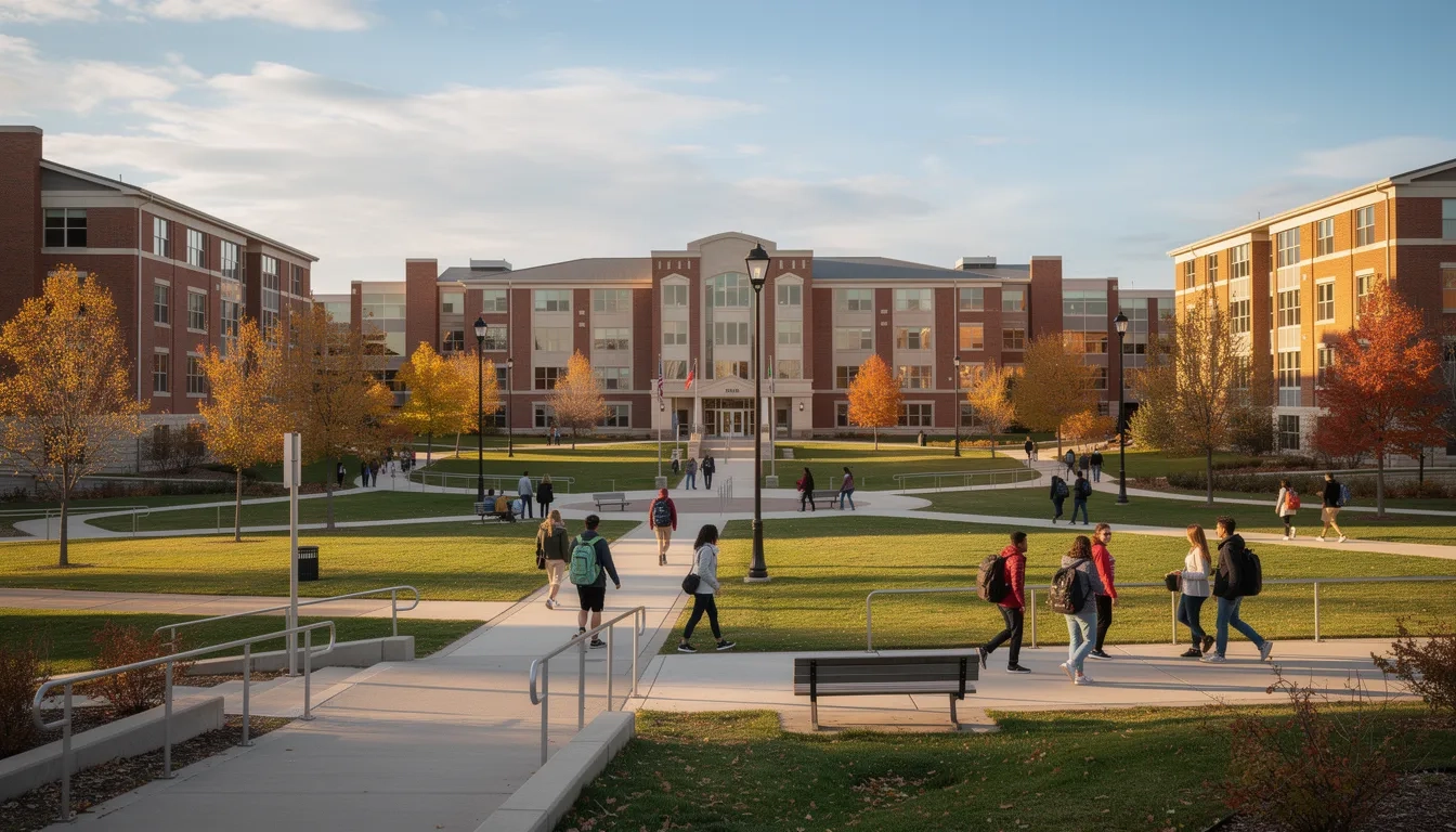 North Dakota university campus with students walking between classes
