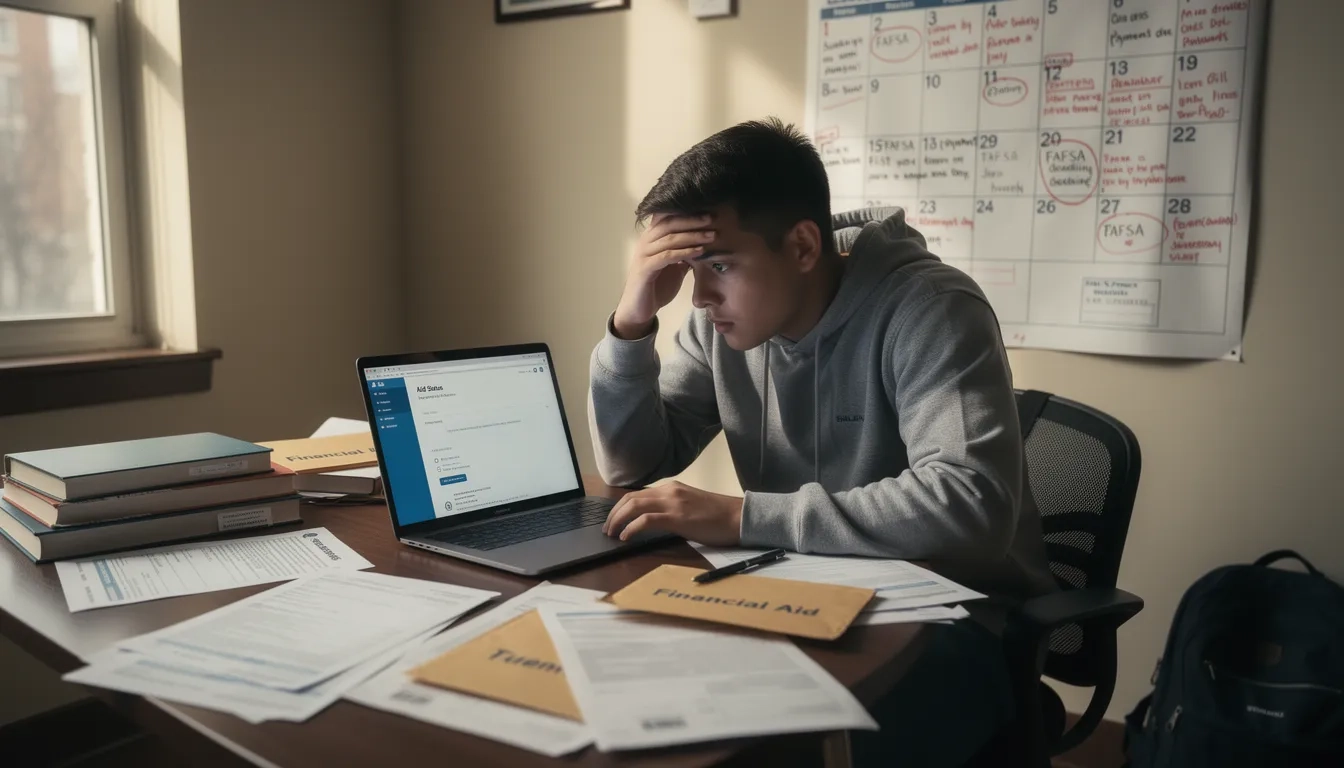 College student overwhelmed by FAFSA paperwork with a deadline calendar on the wall