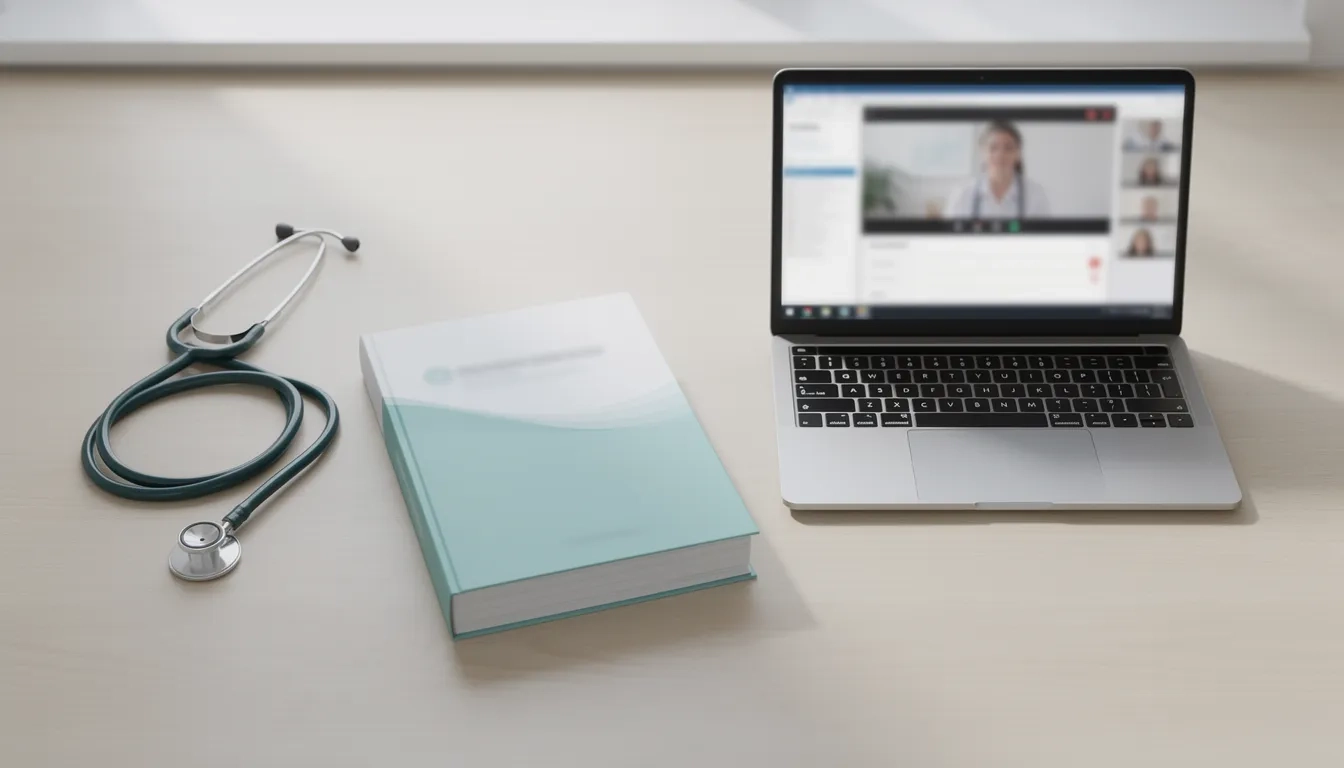 Stethoscope and textbook beside a laptop representing online nursing bridge programs