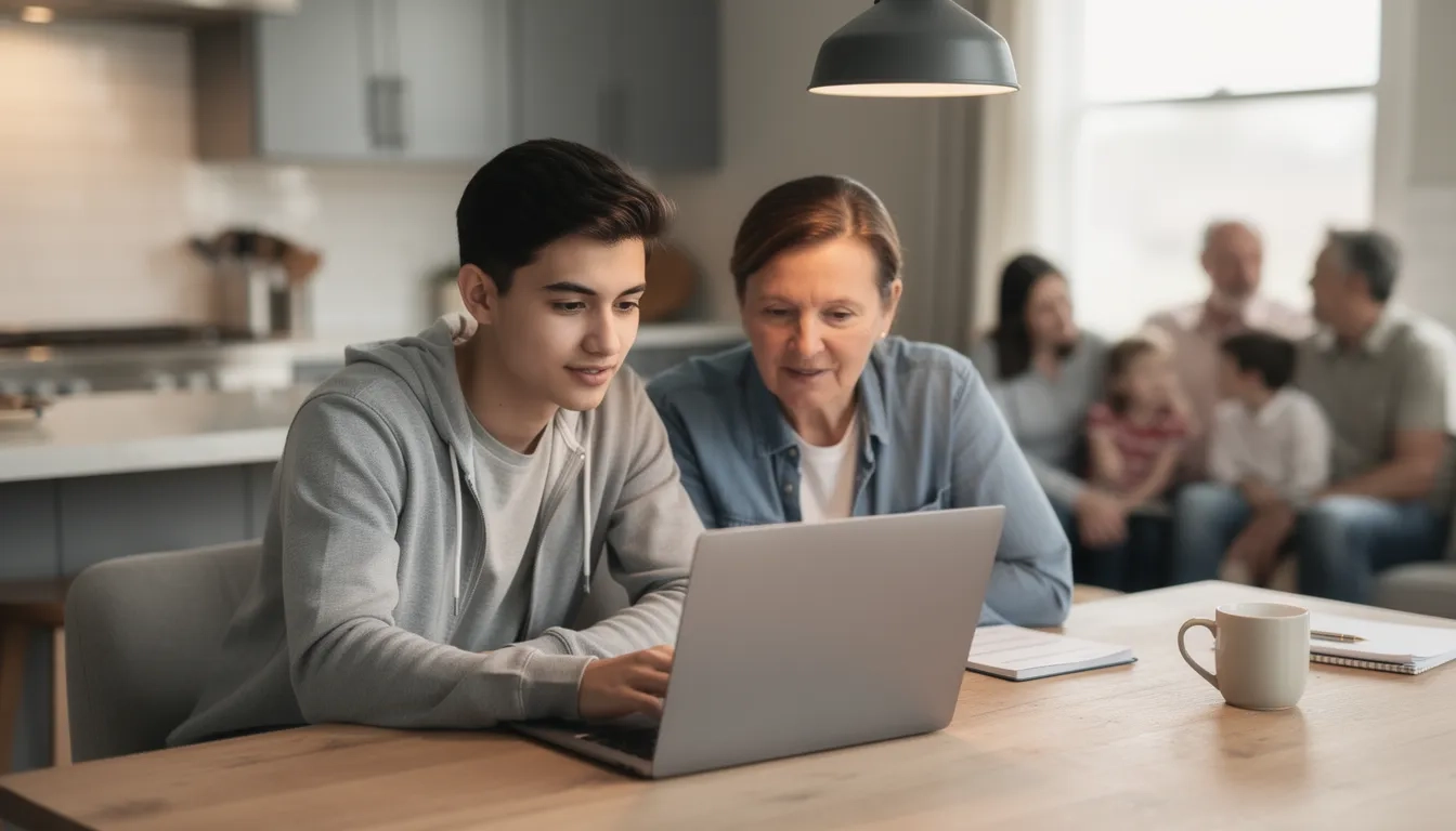 Family completing FAFSA together at a kitchen table
