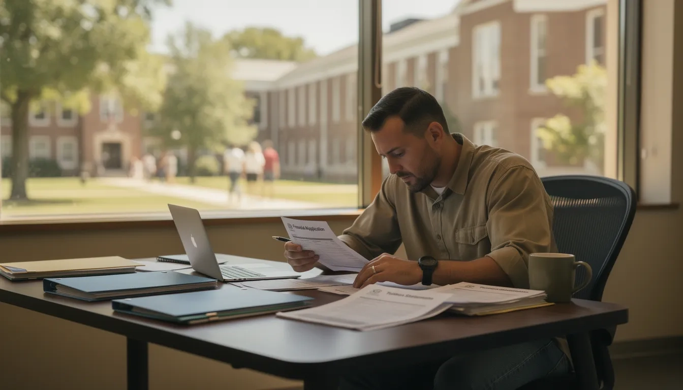 Veteran reviewing GI Bill and Yellow Ribbon financial aid documents at a desk