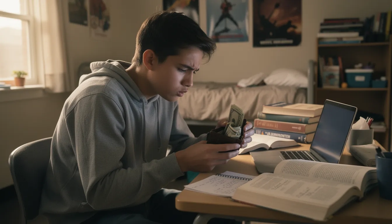 College student looking at empty wallet at dorm desk