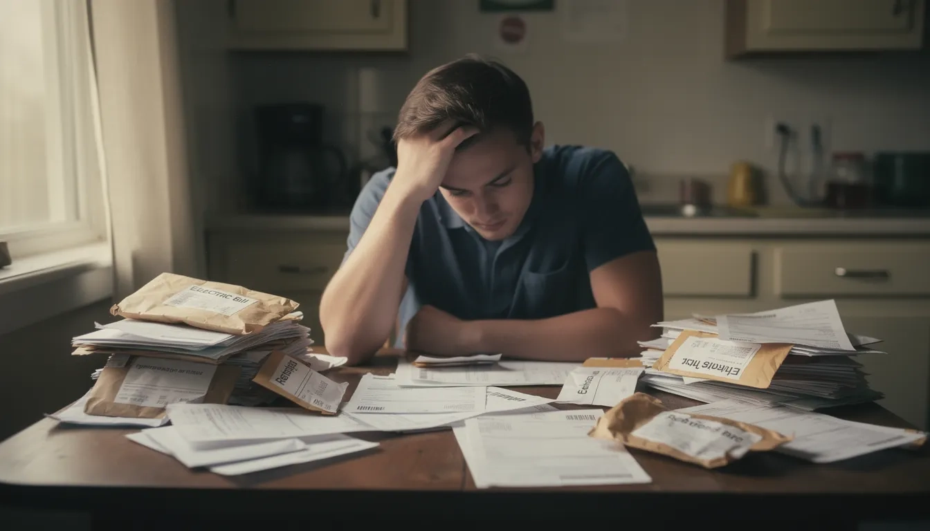 Young adult overwhelmed by financial documents