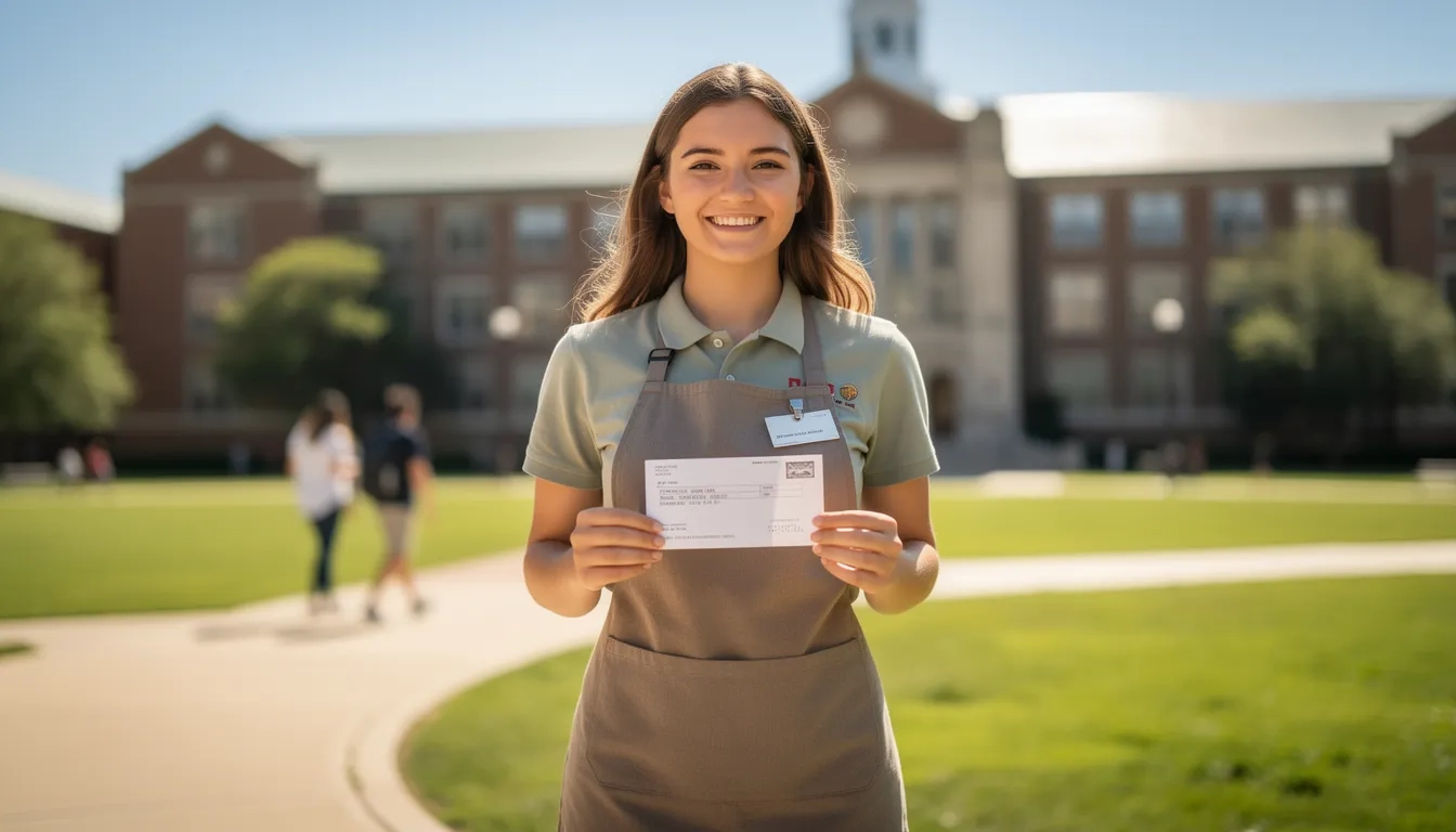 College student in a summer job uniform holding a paycheck, with a university campus visible in the background
