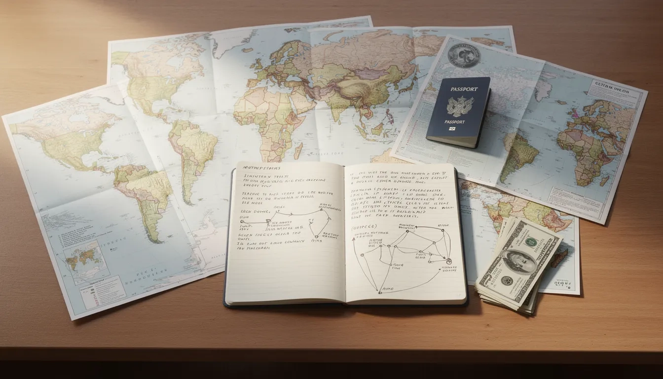 Desk with maps, passport, and financial planning notes for study abroad