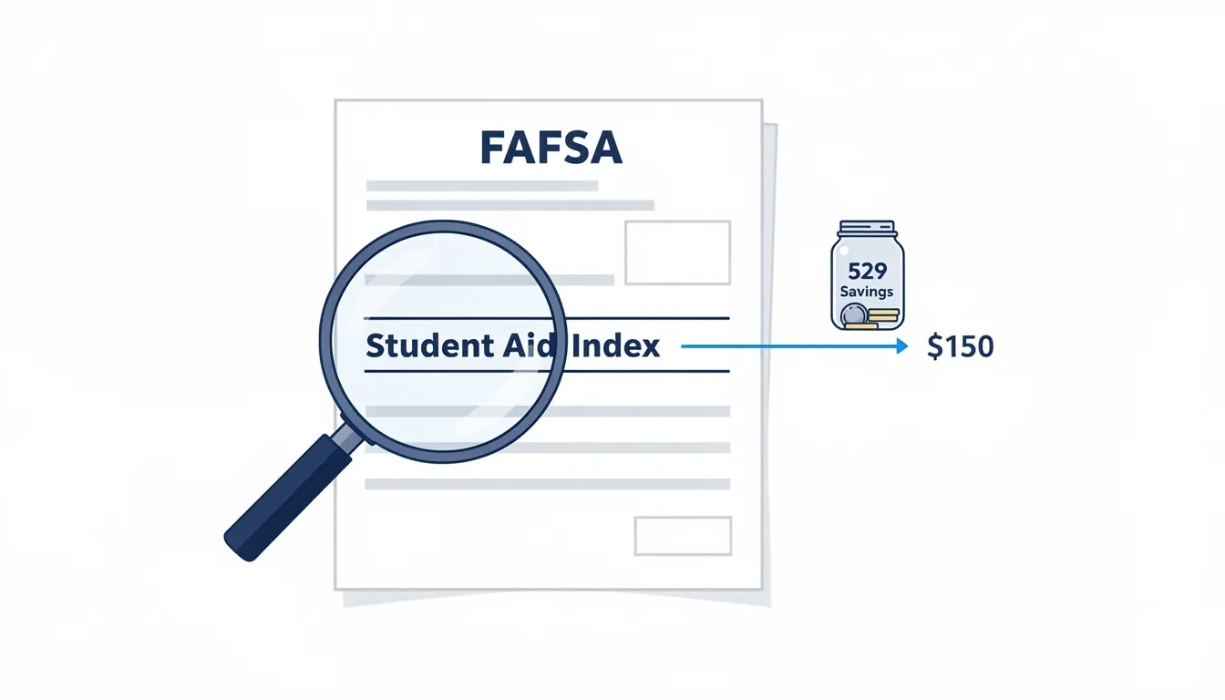 Illustration of a FAFSA form highlighting the Student Aid Index calculation with a 529 savings account icon