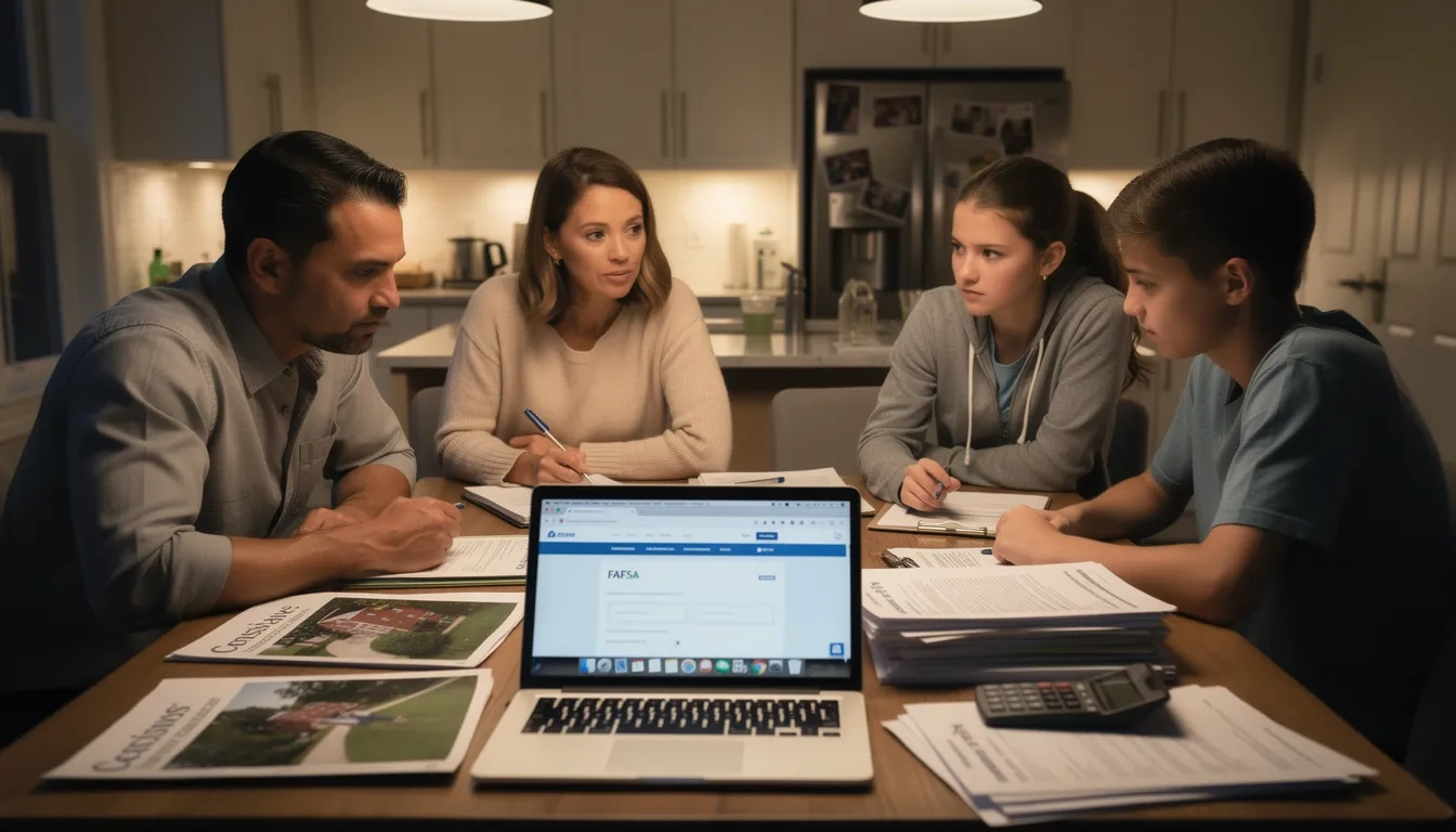 Family reviewing college financial aid documents at kitchen table