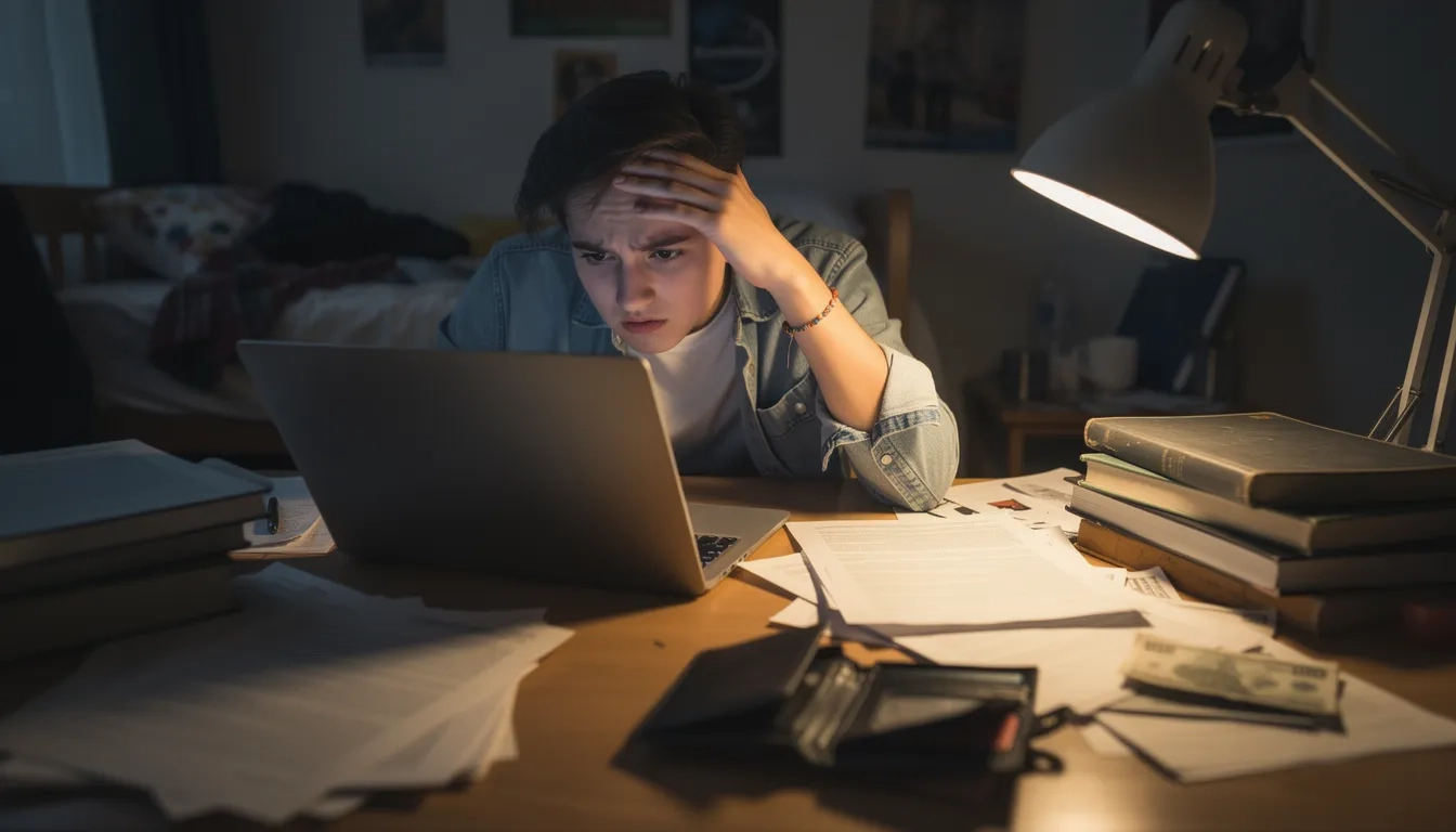 College student dealing with financial stress at their desk