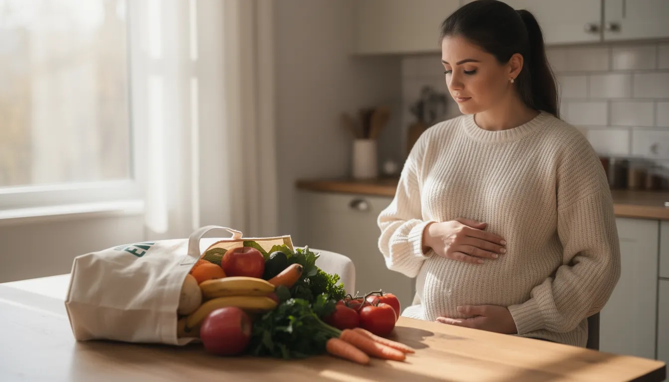 Pregnant college student with WIC groceries at home