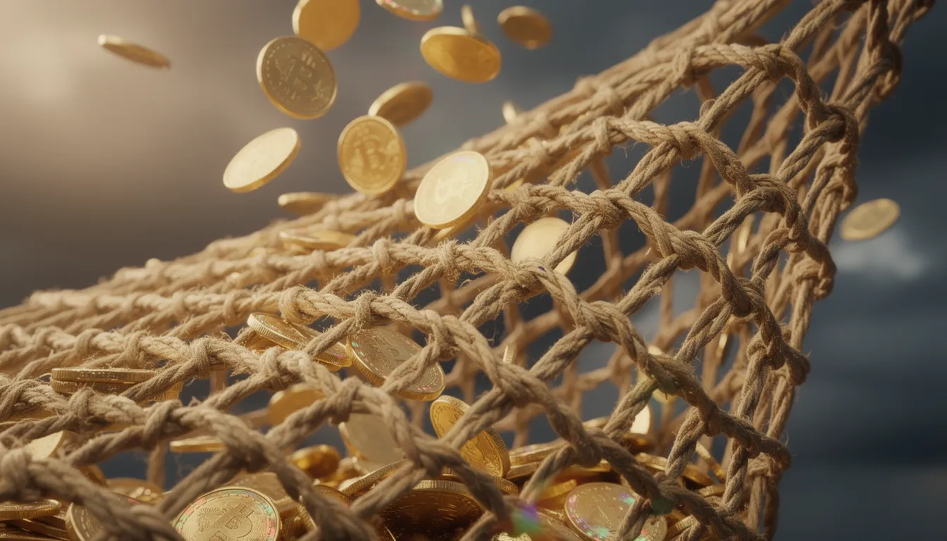 Safety net with braided rope catching cascading gold coins in dramatic lighting
