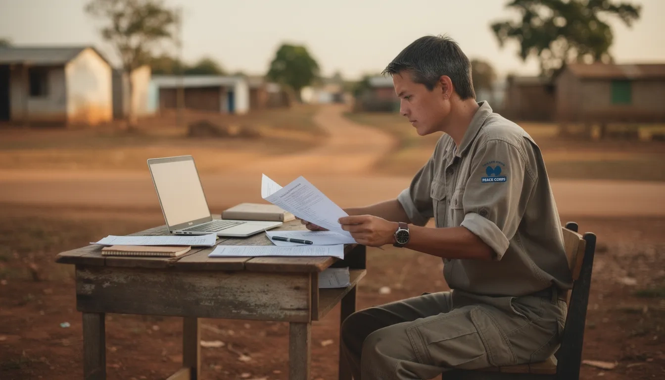 Peace Corps volunteer reviewing student loan documents during service