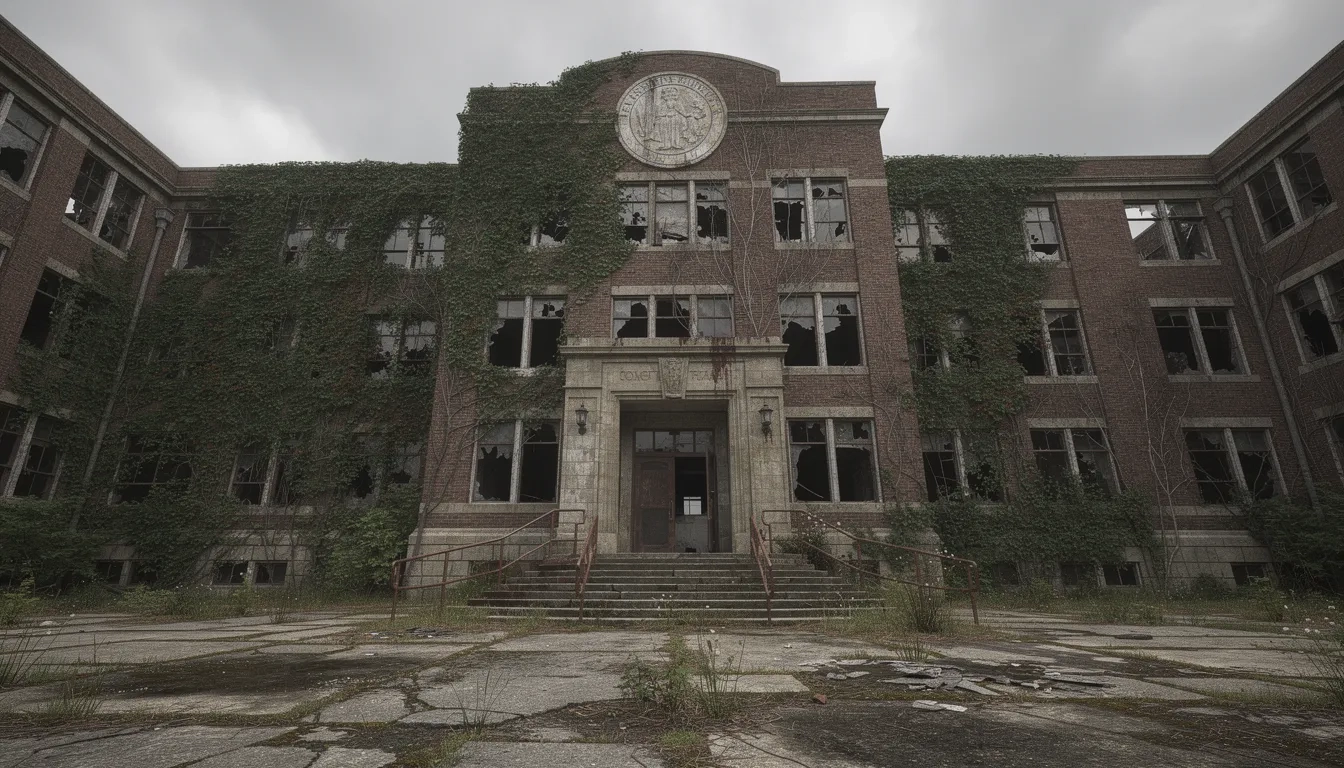 Abandoned college campus building with faded university seal