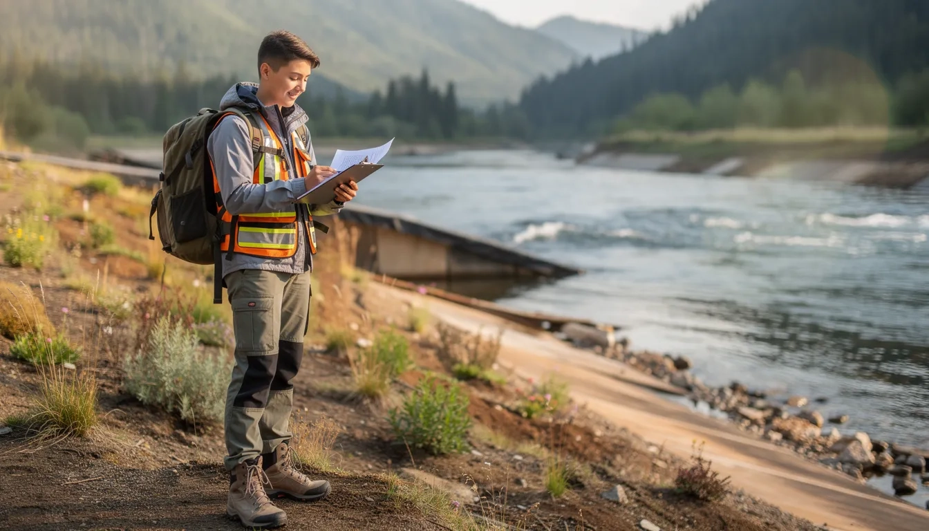 Environmental worker reviewing loan forgiveness paperwork at a field site