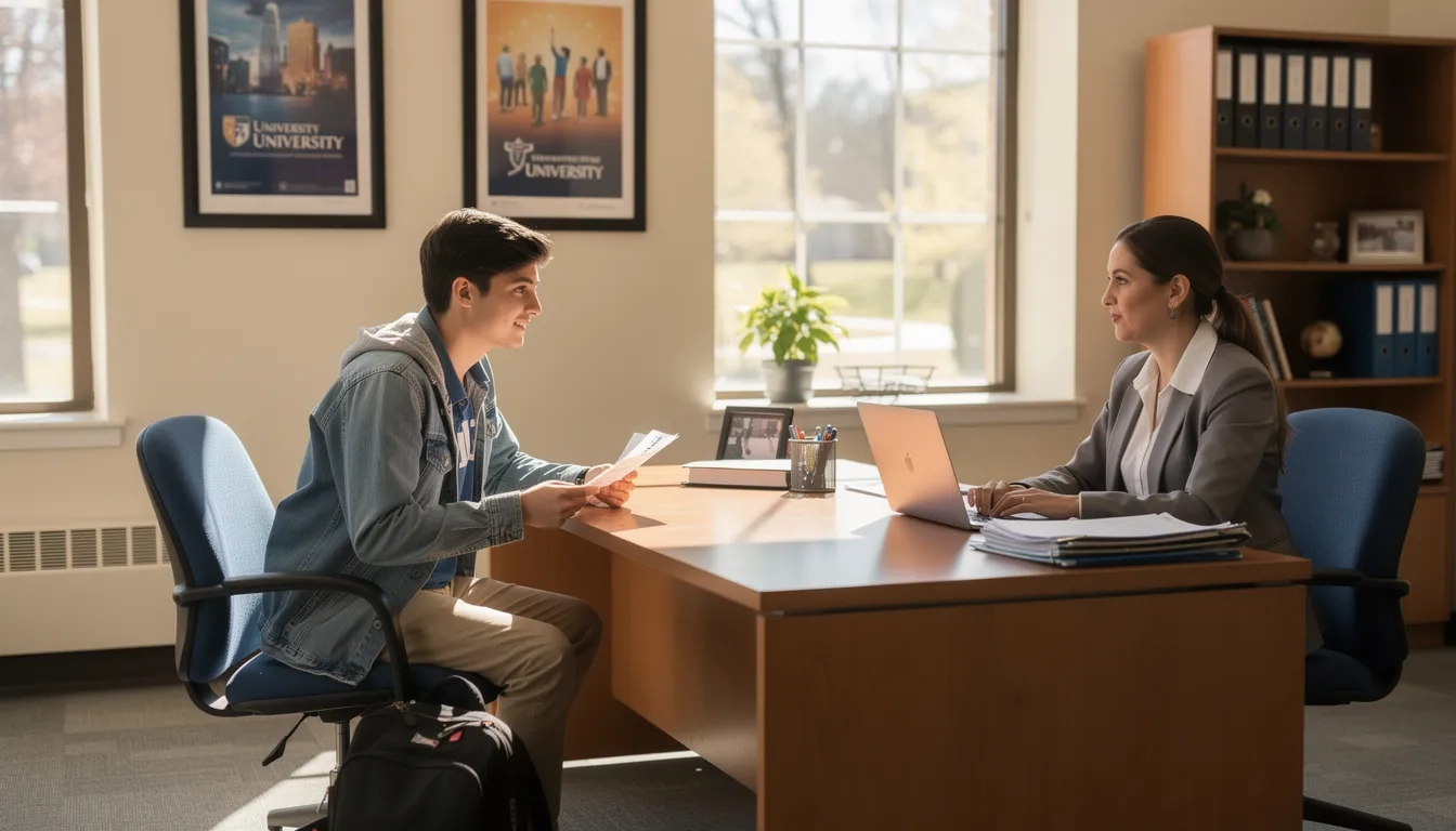 A college student meeting with a disability services coordinator on campus