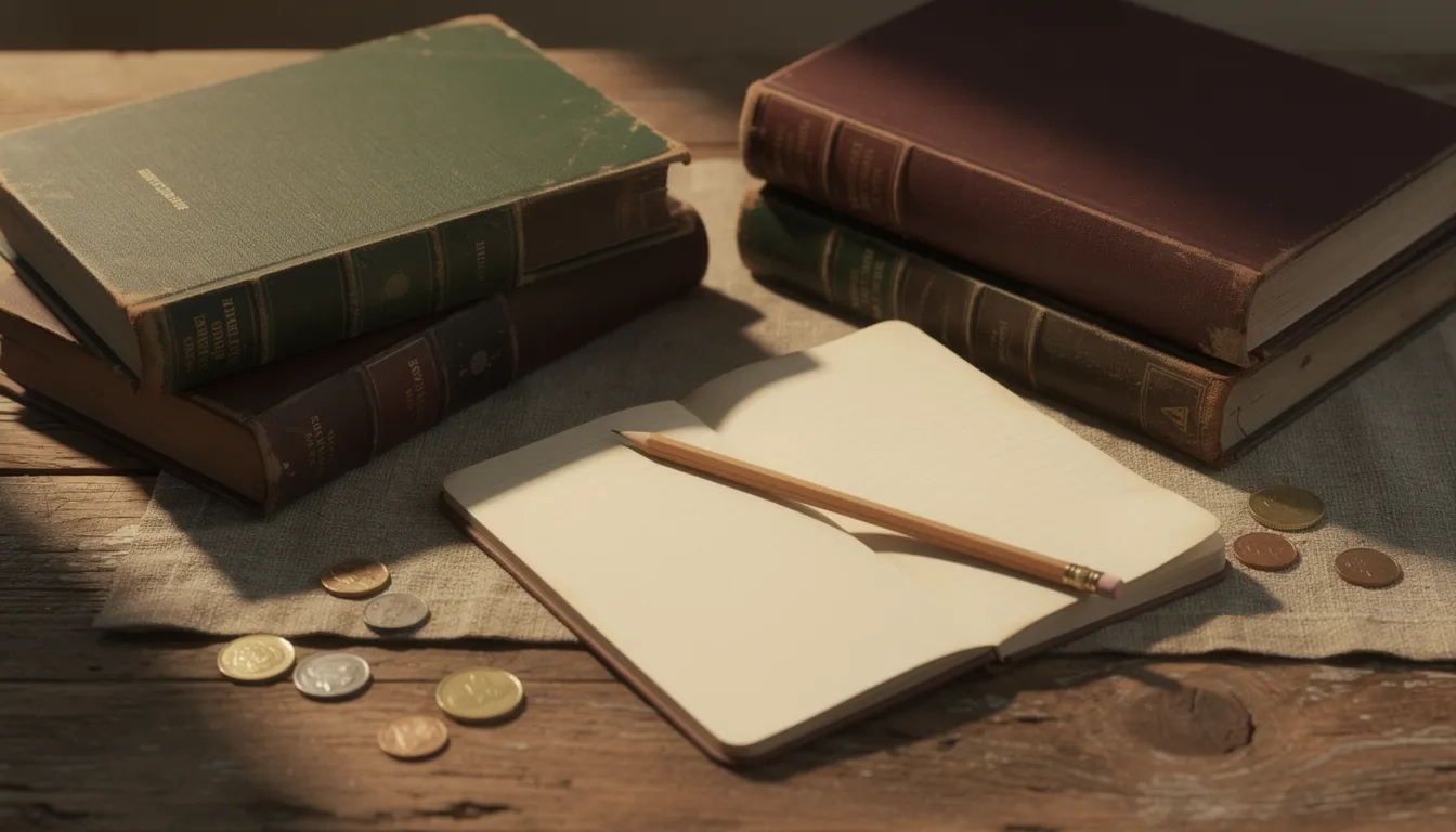 Stack of textbooks on a wooden desk with scattered coins and an open notebook