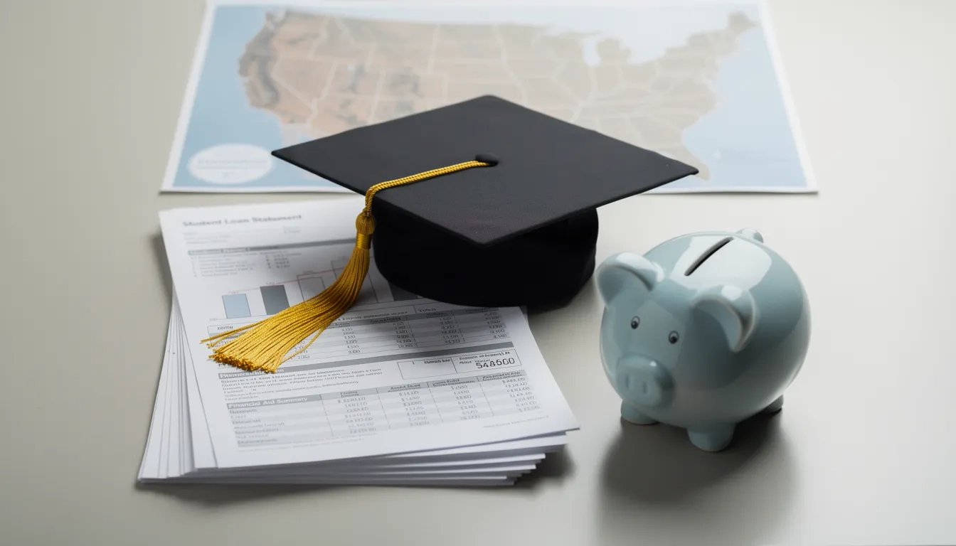 Graduation cap on financial documents with a US state map in the background