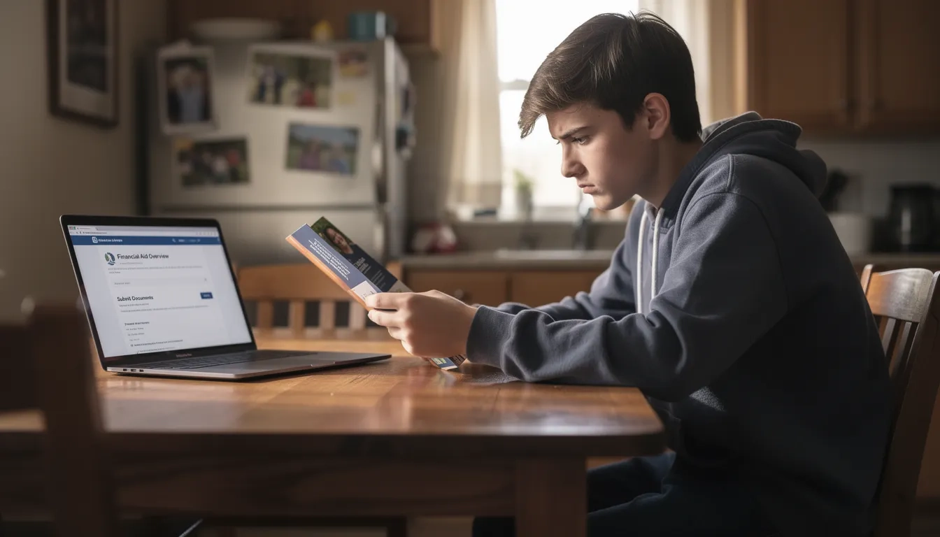High school student reviewing college brochure and financial aid information at home