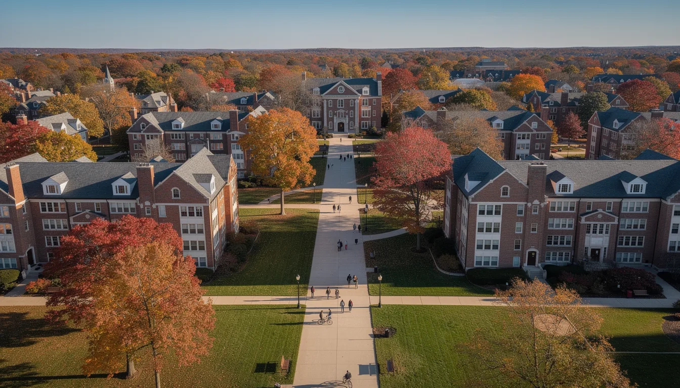 Indiana university campus in autumn with students walking between brick buildings