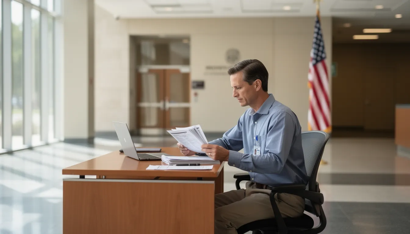 Government employee reviewing student loan documents at a federal building