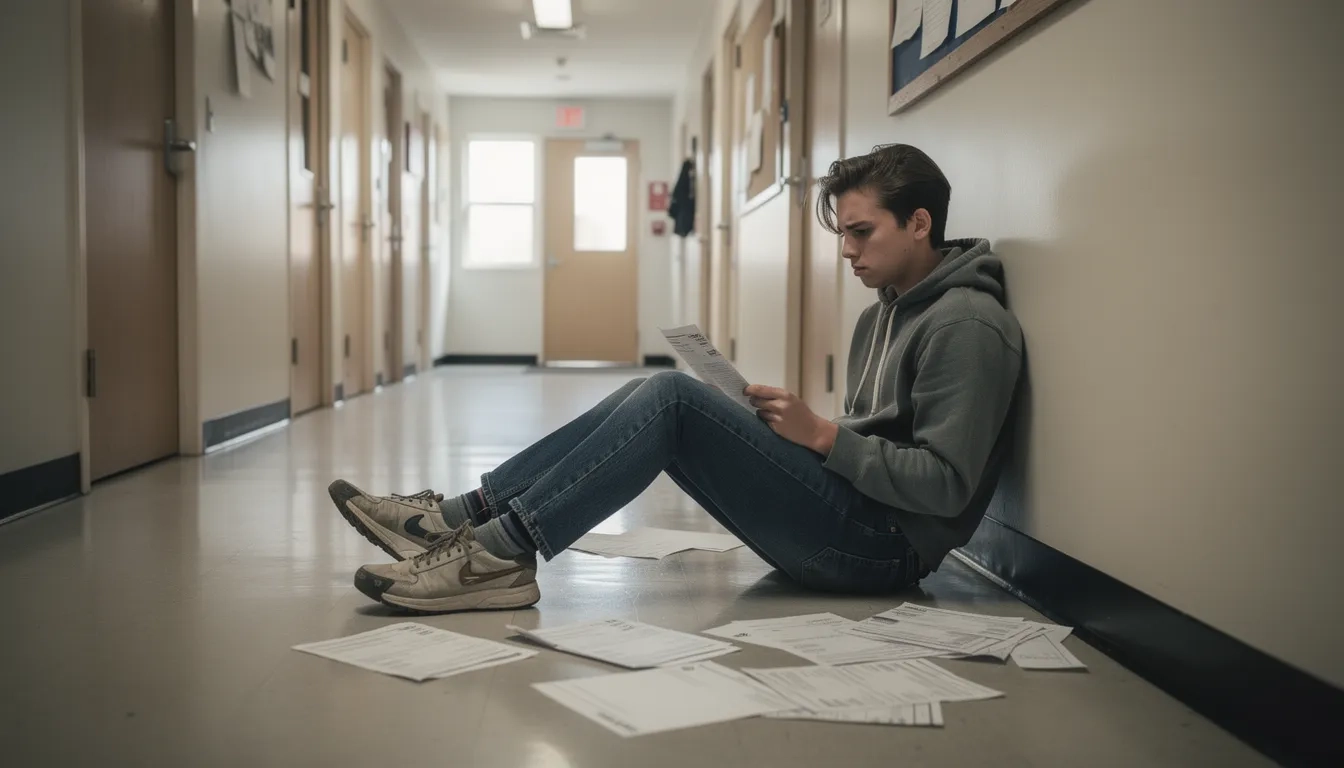 College student reviewing housing paperwork in a university hallway
