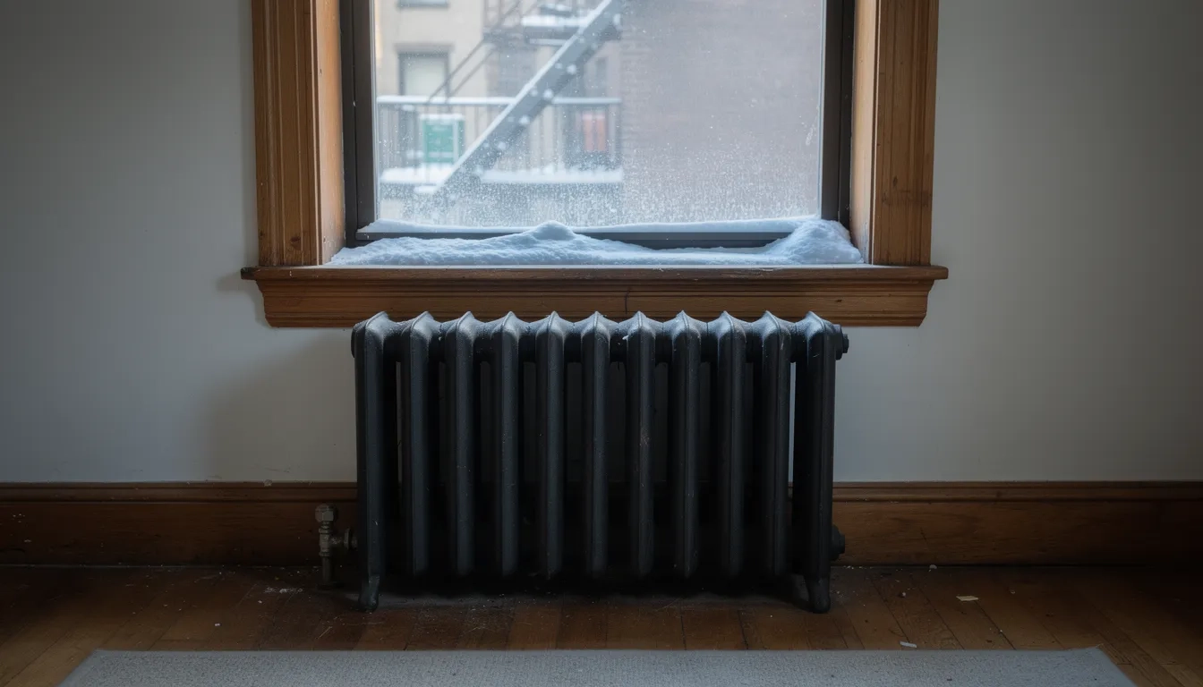 Cast-iron radiator by a snowy window representing New York utility bill assistance