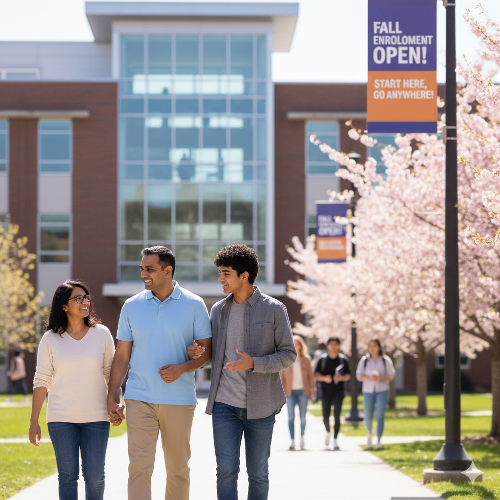 teen and parents walking on community college campus - not too late to plan your future