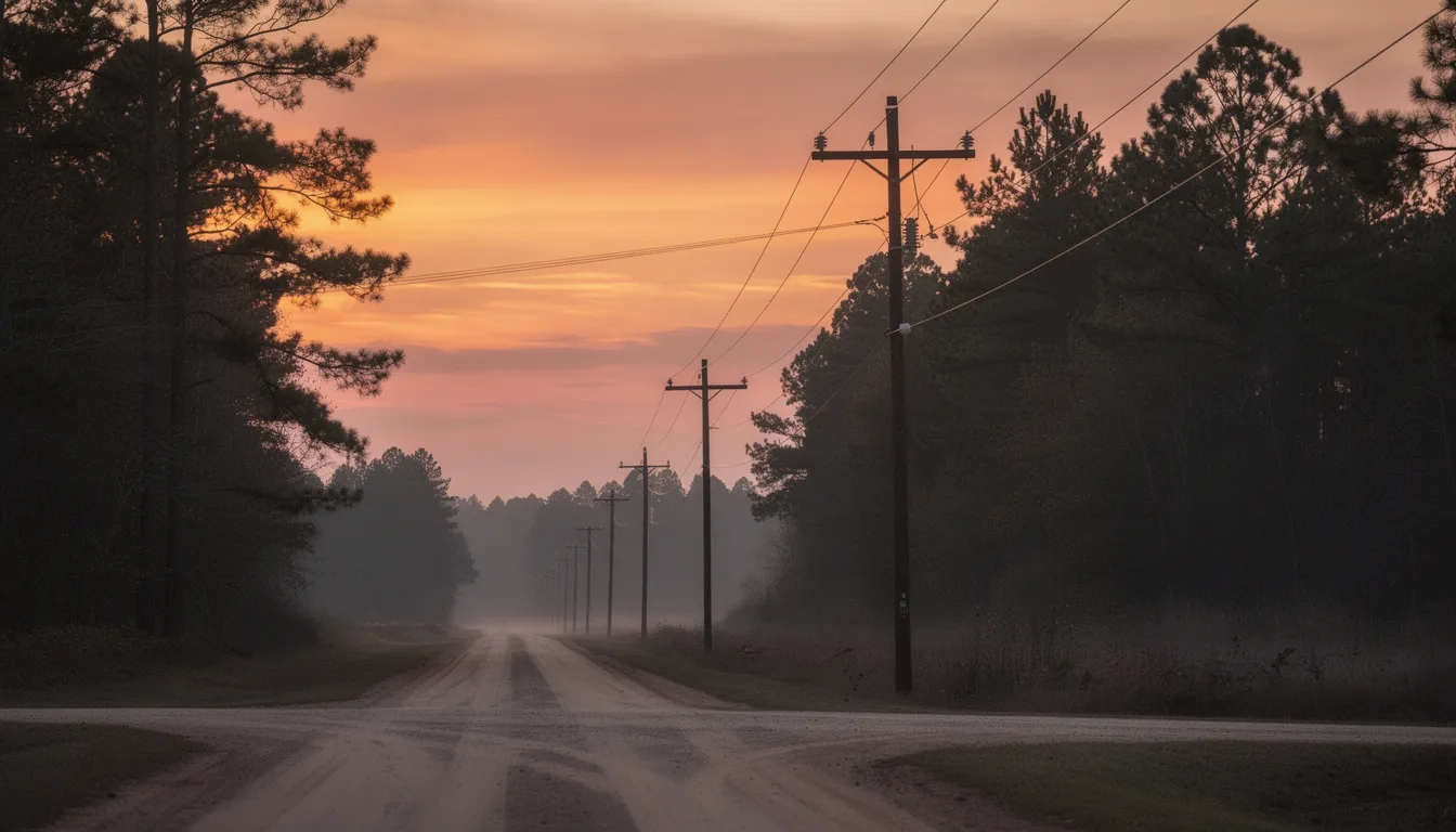 Power lines along a rural Georgia road at sunset representing utility bill assistance