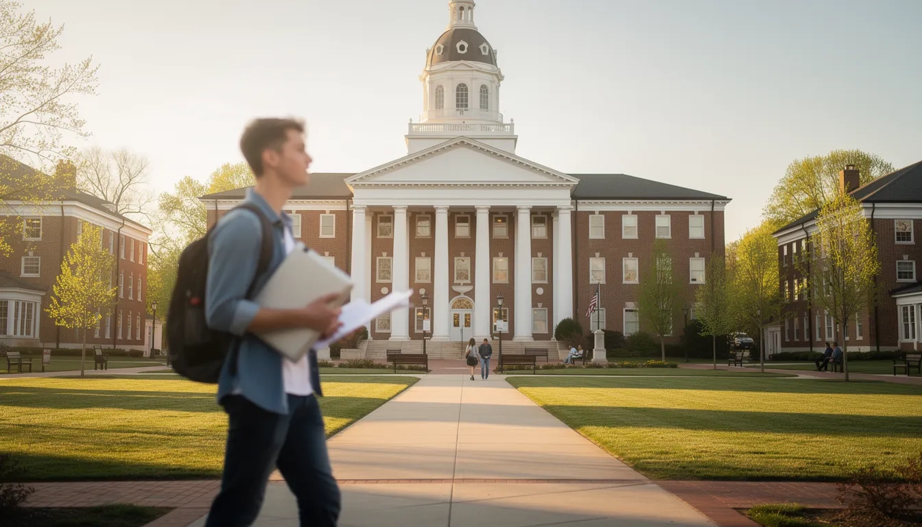Virginia university campus with student reviewing financial aid documents