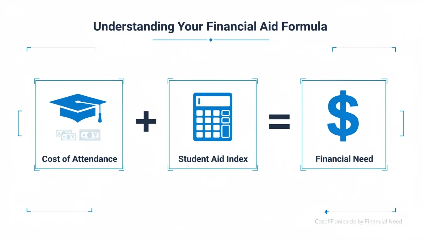 Diagram showing the financial aid formula: Cost of Attendance minus Student Aid Index equals Financial Need