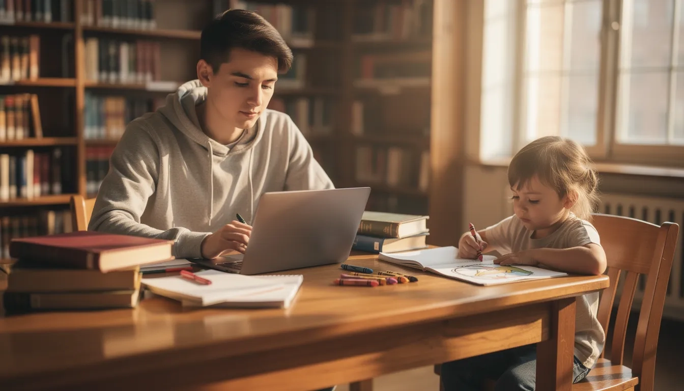 A student studying at a desk while caring for a young child beside them