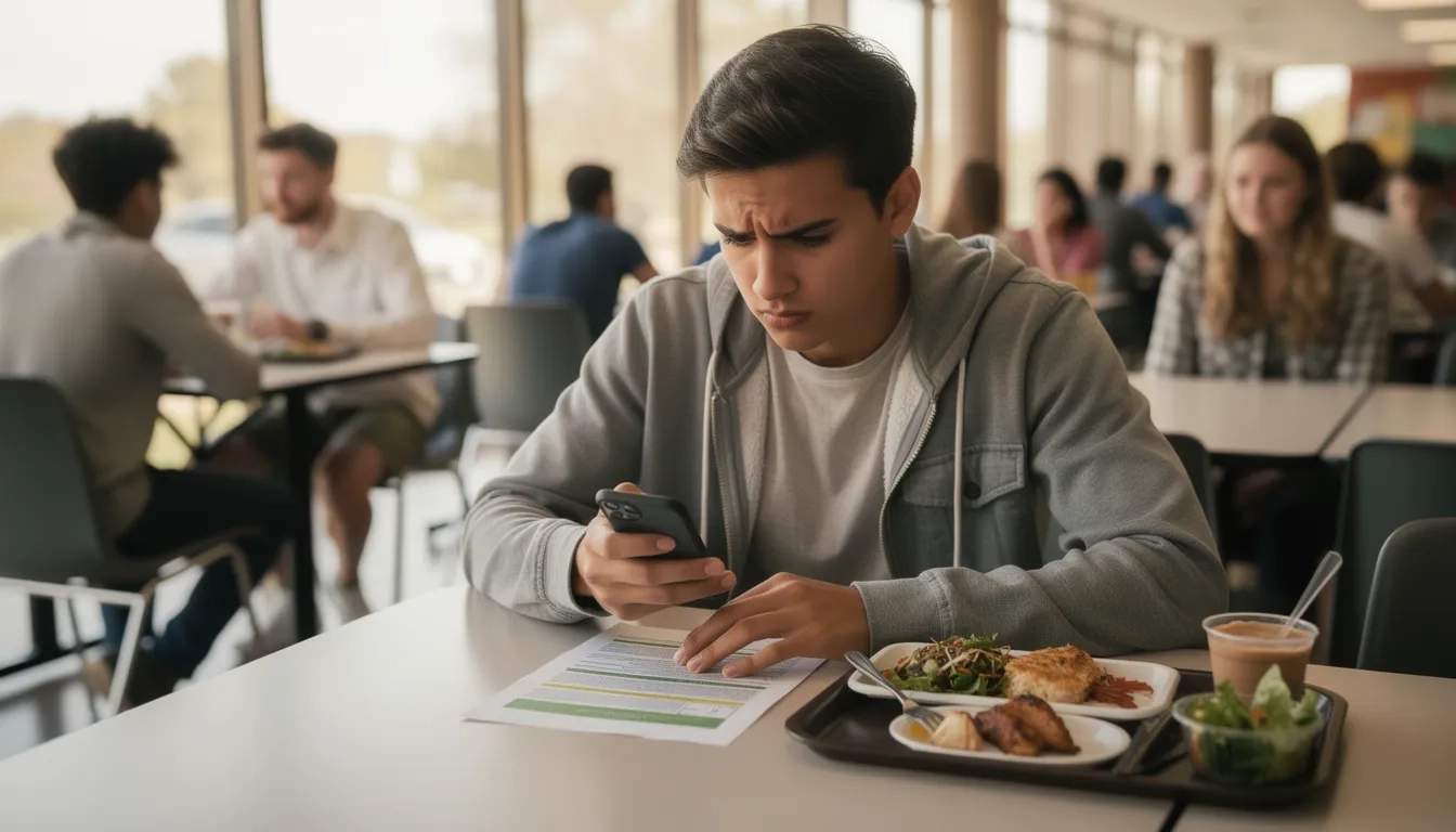 College student reviewing financial documents at a cafeteria table