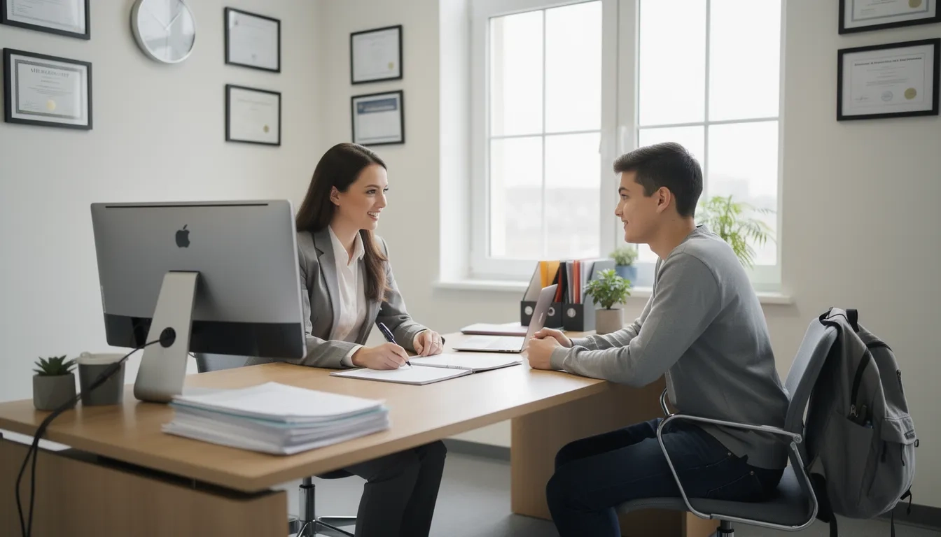 Student meeting with a vocational rehabilitation counselor in a professional office setting