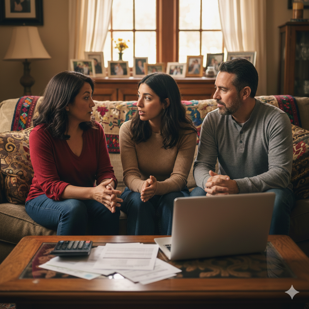 student and parents discussing their finances