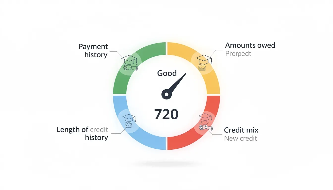 Diagram of FICO credit score factors with student loan touchpoints highlighted