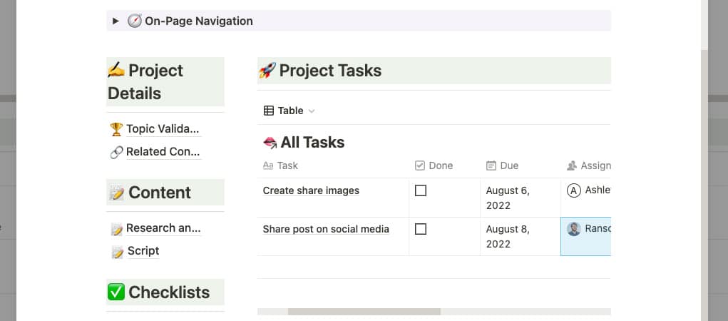 Article task list in Notion