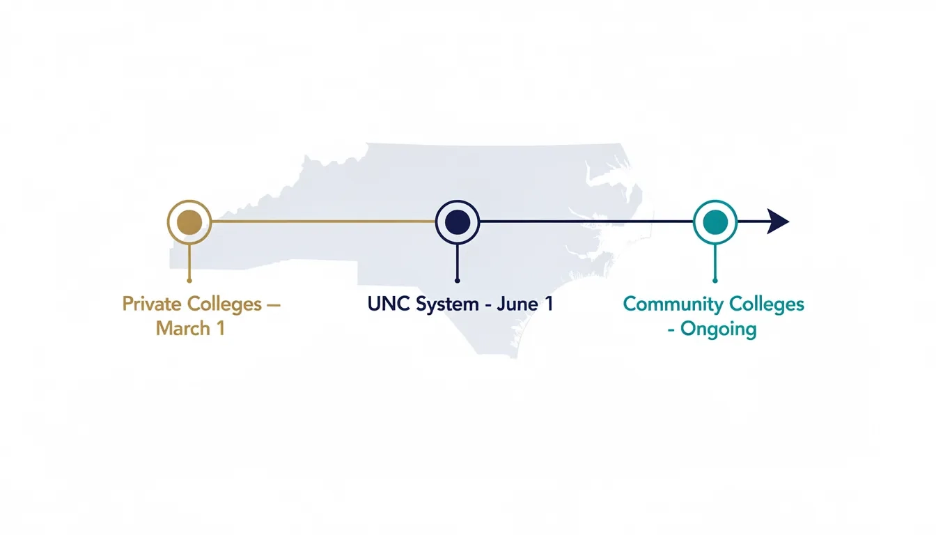 Timeline showing North Carolina's three FAFSA priority deadlines: March 1 for private colleges, June 1 for UNC System, and ongoing for community colleges