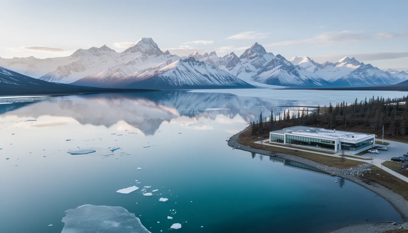 Alaska mountains with university campus on the shore representing Alaska's postsecondary education system
