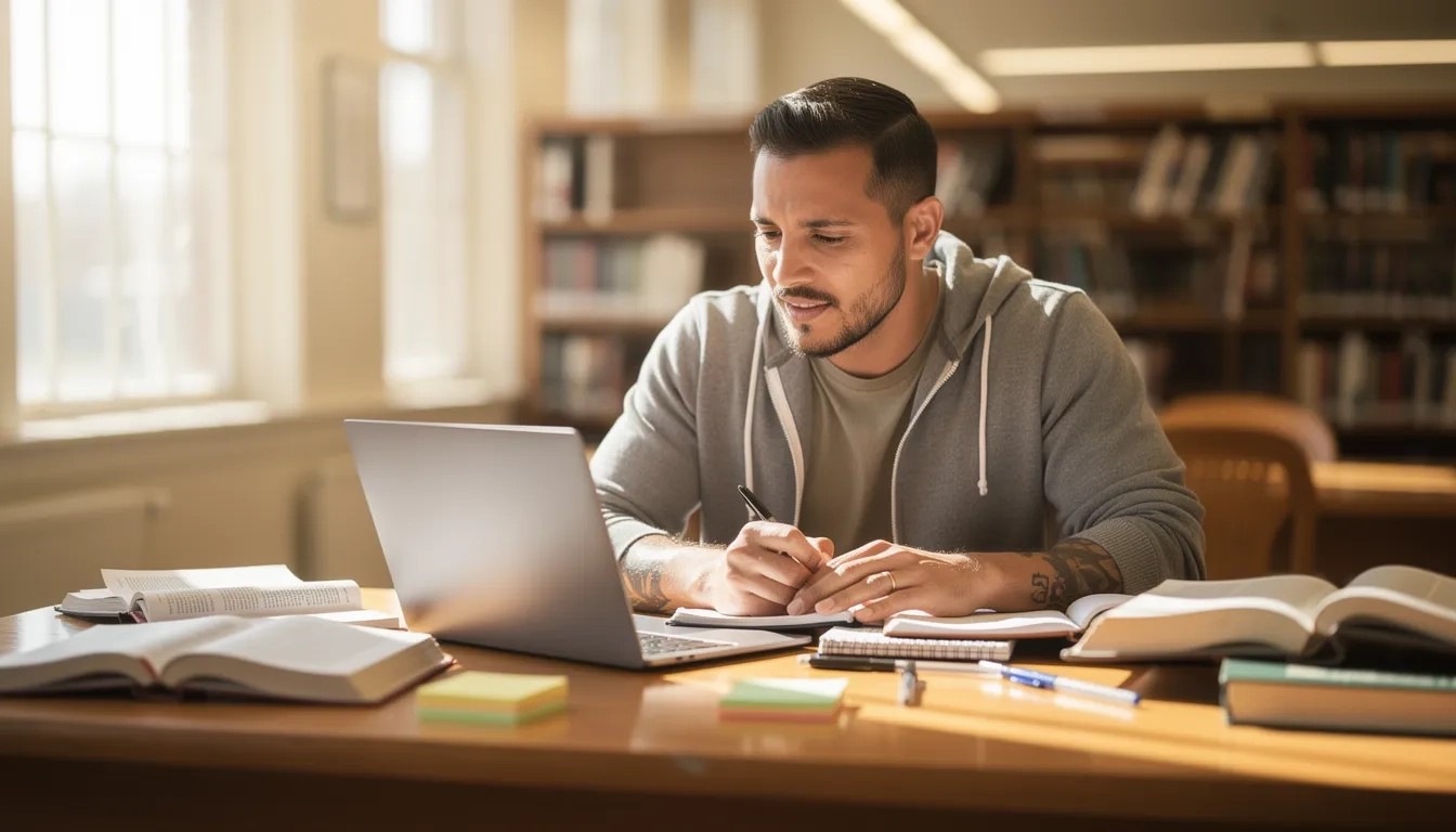 A formerly incarcerated adult student studying in a college library