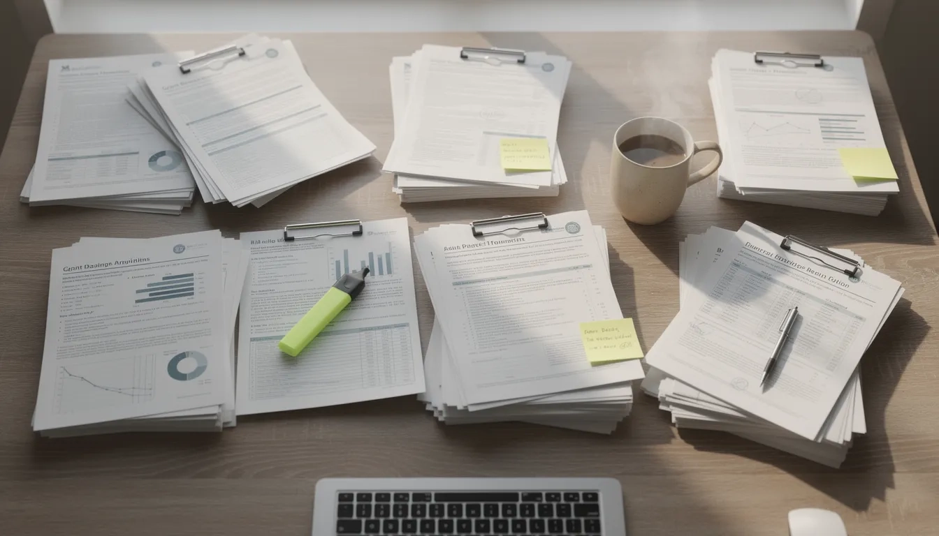 Overhead view of a desk with grant application paperwork, a highlighter, and coffee