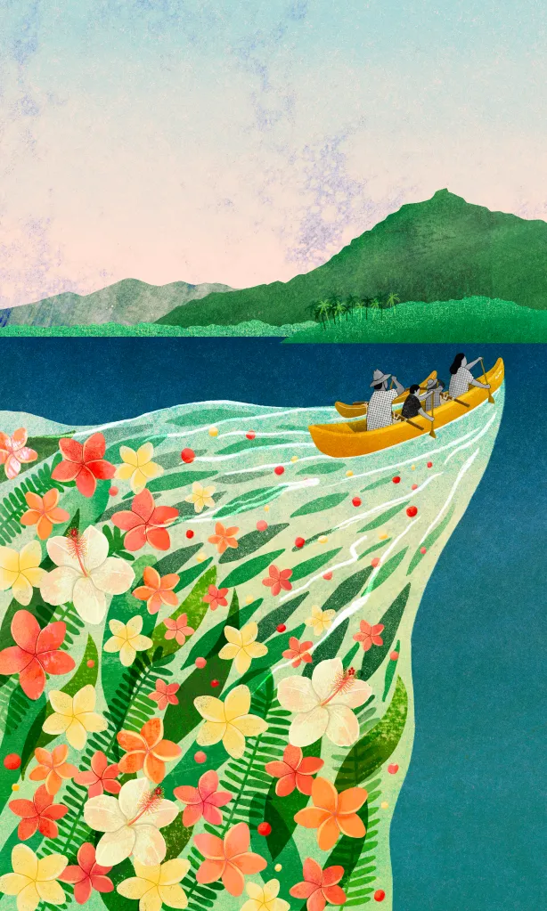 Outrigger canoe paddling, illustration by Sunnu Rebecca Choi for the Public Health Resonance Project