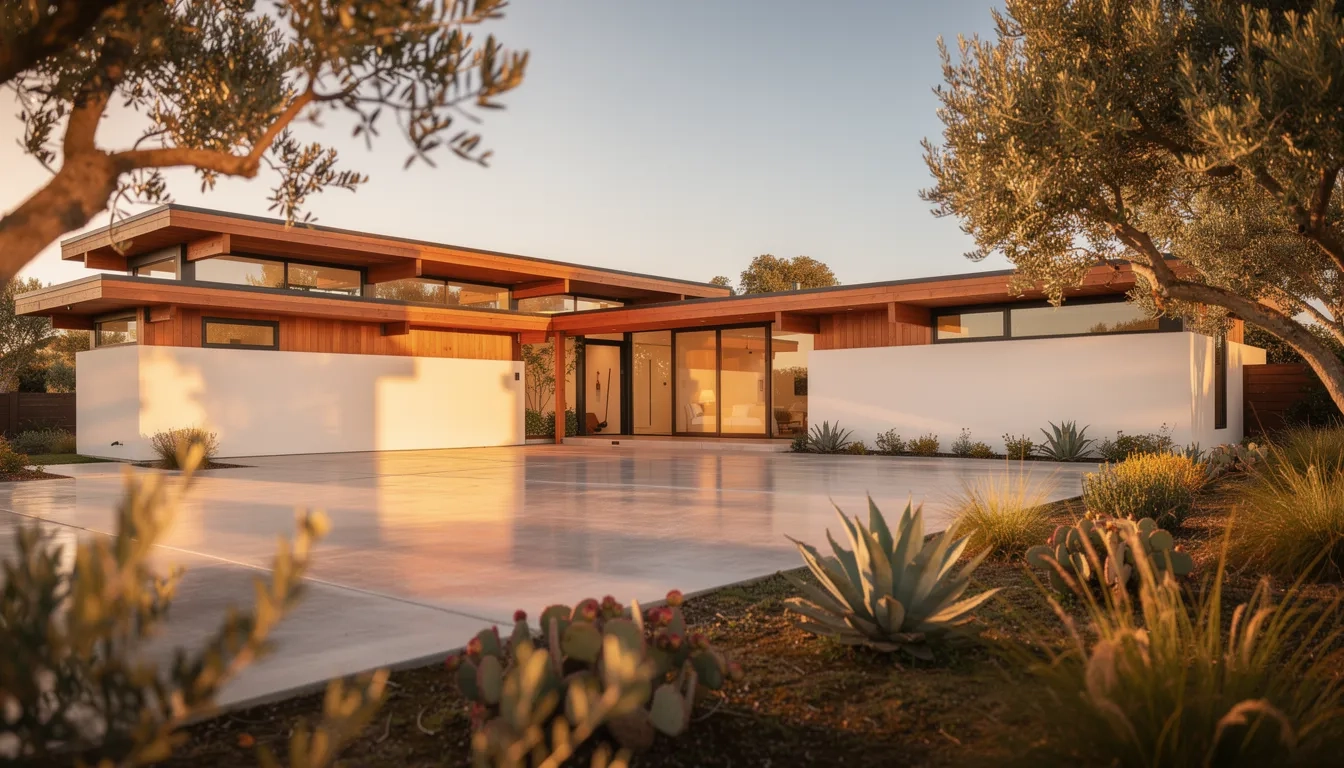 Modern California home exterior with mid-century architecture and native landscaping in golden hour light