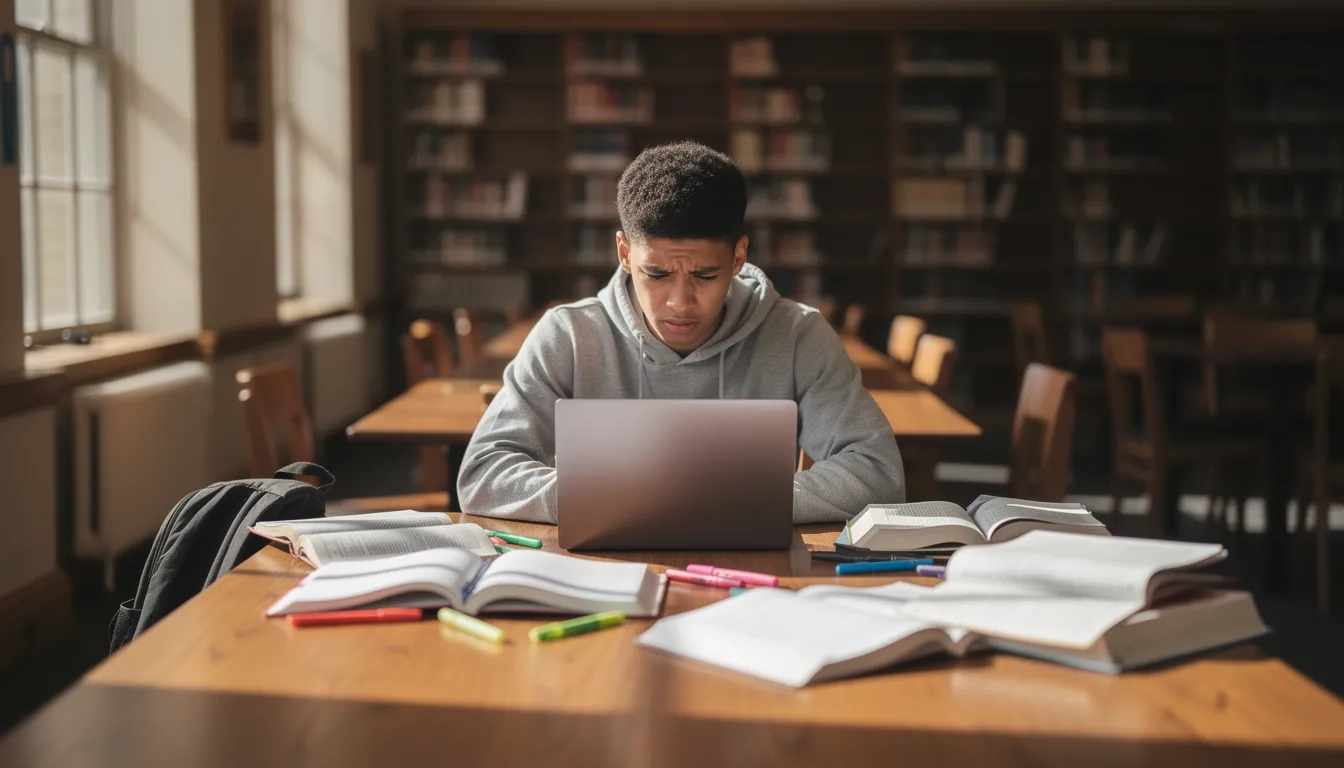 First-generation college student studying alone in a university library