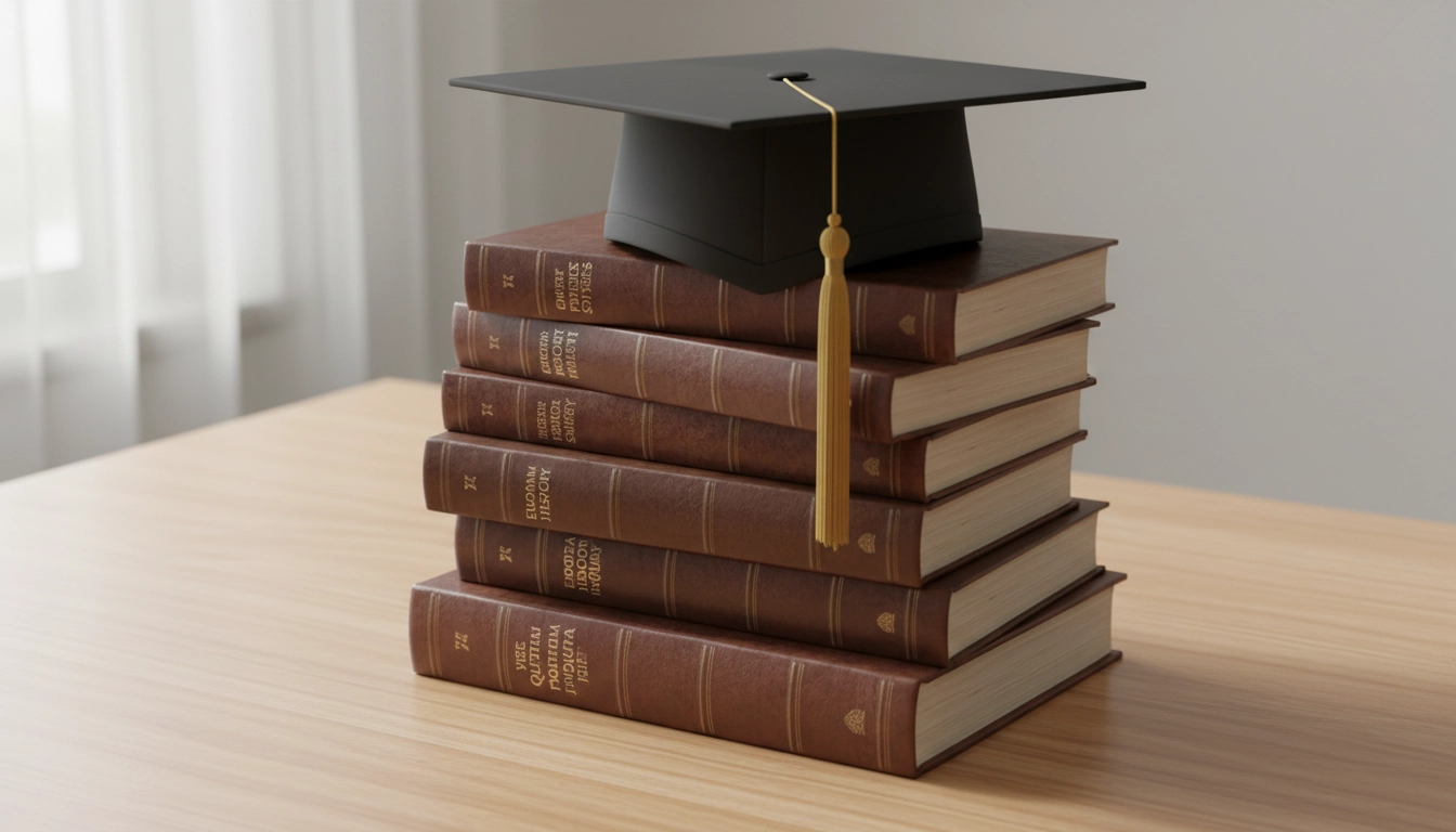 Graduation cap on a stack of academic books representing the pinnacle credential in any field