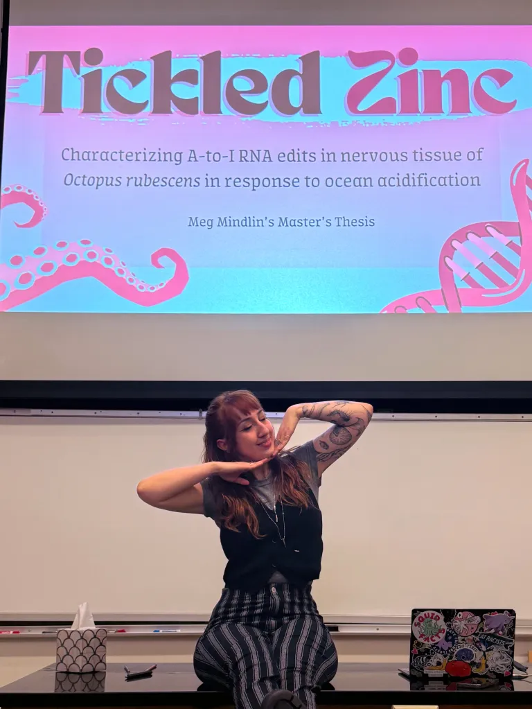 Meg Mindlin sits on a desk at the front of a lecture hall. She's just defended her master's thesis, titled Tickled Zinc. On the screen behind her is a beautiful title slide for her research presentation which features original art.